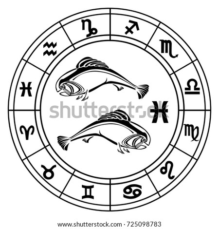 Pisces in astrological circle black vector illustration isolated on a white background