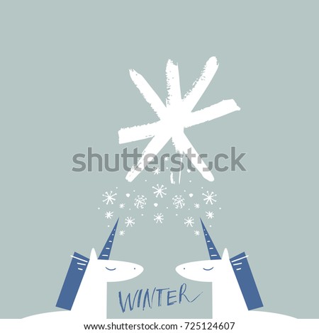 Vector winter unicorns. Poster, postcard, print, illustration, sticker, label and other.