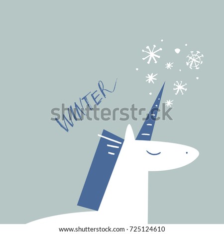 Vector winter unicorn. Poster, postcard, print, illustration, sticker, label and other.