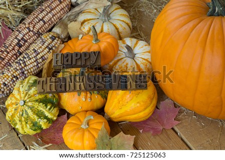 Colorful pumpkins, gourds and corn on a wooden surface with Happy Thanksgiving text