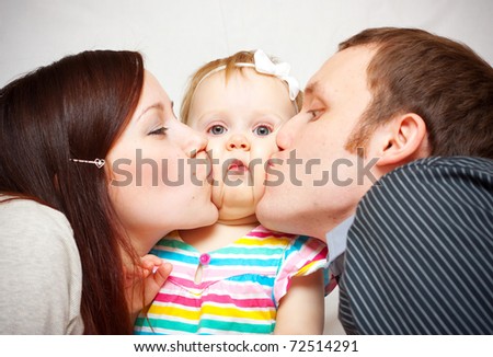 picture of happy family with baby over white
