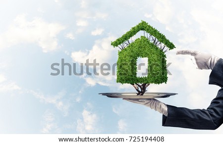 Closeup of waitress's hand in white glove presenting green plant in form of house sign on metal tray and pointing on it with skyscape on background.