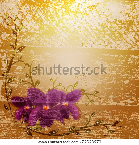 Invitation card with Viola flowers and splotchy brown background