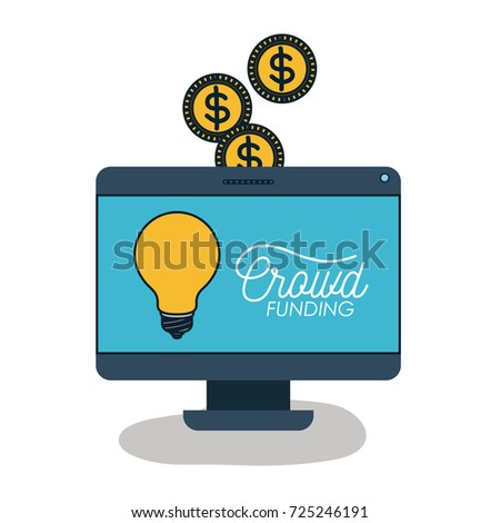 desktop computer with light bulb and text crowd funding in screen and coins on top in white background vector illustration