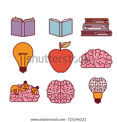 books brains lighbulb and apple silhouettes set in white background vector illustration