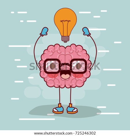 brain cartoon with glasses and light bulb on top in background light blue vector illustration