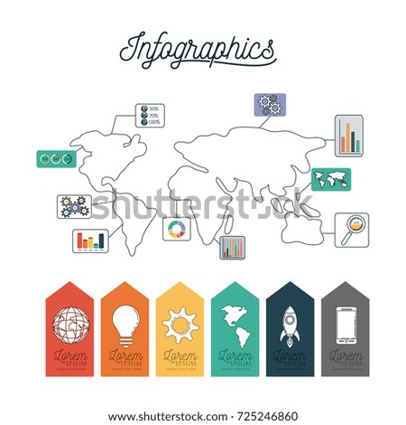 infographic world map with labels icons on bottom vector illustration