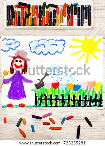 Photo of colorful drawing: Smiling woman watering flowers in the garden