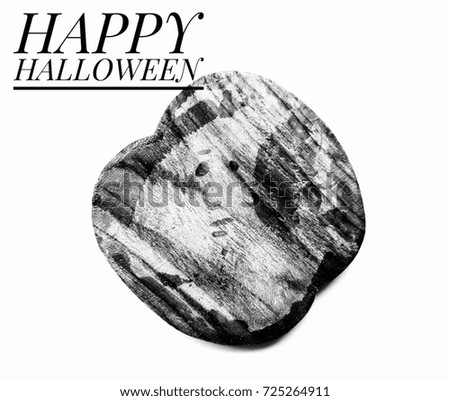 Silhouette pattern of closeup top view of wooden saucer with ghost doodle and happy halloween banner on white background.