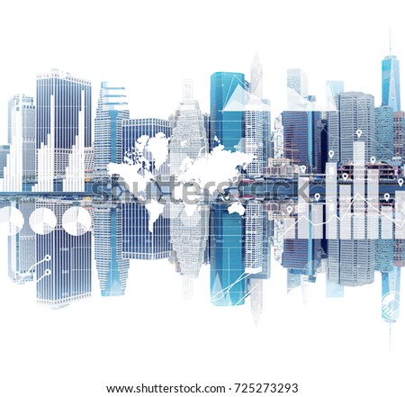 Beautiful New York cityscape and its reflection in the water. Ships and international trade concept. Infographics. Double exposure Elements of this image furnished by NASA