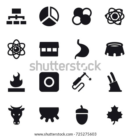 16 vector icon set : hierarchy, diagram, atom core, atom, market, stadium, ring button, knife holder, cow, udder, acorn, maple leaf