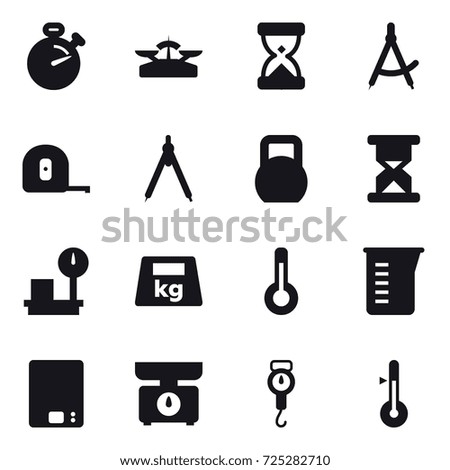 16 vector icon set : stopwatch, scales, draw compass, measuring tape, drawing compass, thermometer, measuring cup, kitchen scales, handle scales