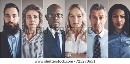 Collage of portraits of an ethnically diverse and mixed age group of focused business professionals Royalty-Free Stock Photo #725290651