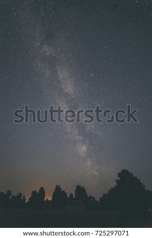 colorful milky way galaxy seen in night sky over dark trees on the horizon - vintage old look