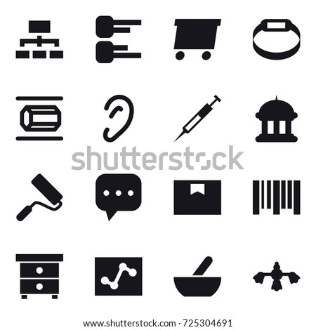 16 vector icon set : hierarchy, diagram, delivery, smart bracelet, nanotube, goverment house, repair, nightstand, mortar, hard reach place cleaning