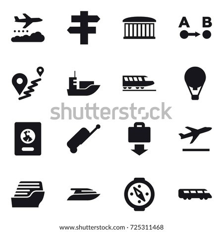 16 vector icon set : weather management, singlepost, airport building, train, air ballon, passport, suitcase, baggage get, departure, cruise ship, yacht, compass