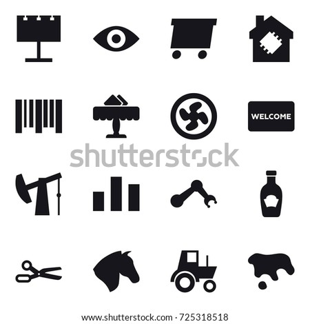 16 vector icon set : billboard, eye, delivery, smart house, restaurant, cooler fan, welcome mat, scissors, horse, tractor, spot