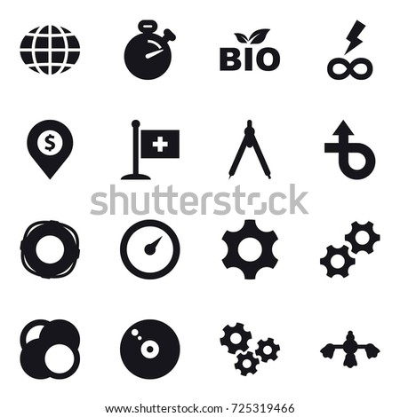 16 vector icon set : globe, stopwatch, bio, infinity power, dollar pin, drawing compass, lifebuoy, barometer, gears, hard reach place cleaning