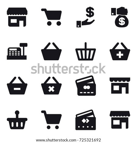 16 vector icon set : shop, cart, investment, money gift, cashbox, basket, add to basket, remove from basket, delete cart, credit card
