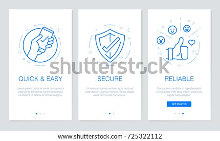 Onboarding app screens. Modern and simplified vector illustration walkthrough screens template for mobile apps. Royalty-Free Stock Photo #725322112