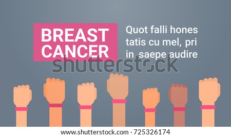 Breast Cancer Day Group Of Hands With Pink Ribbons Disease Awareness Prevention Poster Greeting Card Flat Vector Illustration