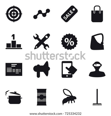 16 vector icon set : target, graph, sale, shopping bag, pedestal, pencil wrench, percent, loudspeaker, steam pan, wasp, rake
