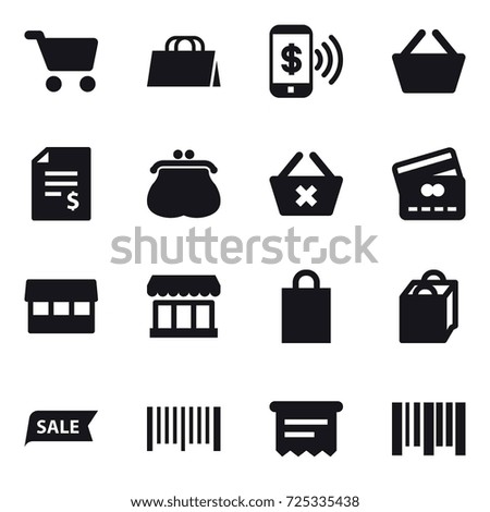 16 vector icon set : cart, shopping bag, phone pay, basket, account balance, purse, delete cart, credit card, market, sale, barcode, atm receipt