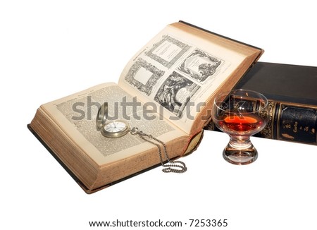 The ancient books with watch isolated over a white background