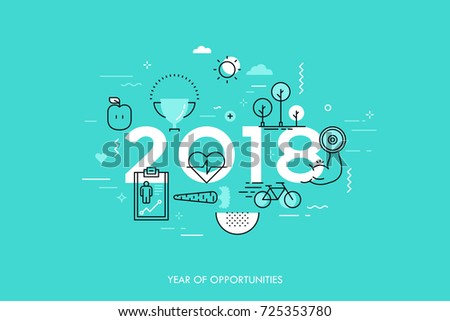 Infographic banner 2018 year of opportunities. New trends and prospects in healthcare, sports, fitness, lifestyle, sport nutrition. Plans and predictions. Vector illustration in thin line style.