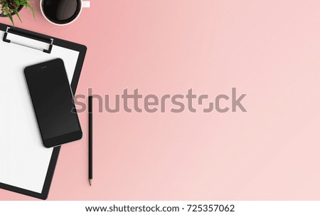 Modern office desk workplace with blank paper, pencil and smartphone copy space on color background. Top view. Flat lay style.