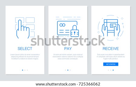 Onboarding app screens in shopping online concept. Modern and simplified vector illustration walkthrough screens template for mobile apps. Royalty-Free Stock Photo #725366062