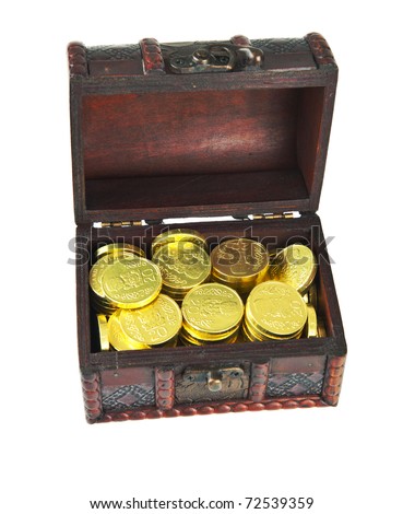 Very old treasure chest full of golden coins on a white background