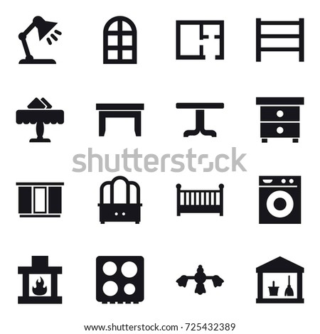 16 vector icon set : table lamp, arch window, plan, restaurant, table, nightstand, wardrobe, dresser, crib, washing machine, fireplace, hard reach place cleaning, utility room