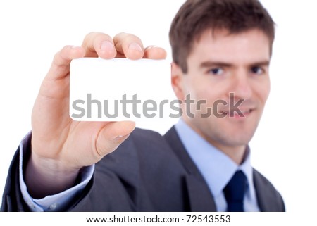 business man showing a blank card over white
