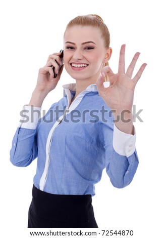 Happy business woman with phone and ok gesture, isolated
