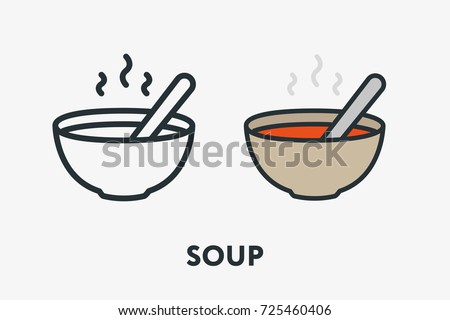 Hot Tomato Vegetable Soup Bowl Plate and Spoon Portion Minimal Flat Line Outline Colorful and Stroke Icon Pictogram Royalty-Free Stock Photo #725460406