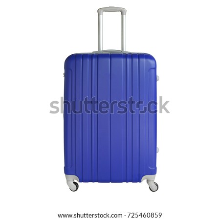 Blue suitcase isolated on white background. Polycarbonate suitcase isolated on white. Blue suitcase. Royalty-Free Stock Photo #725460859