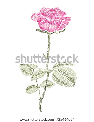 Elegant embroidered rose flower, design element. Can be used for cards, invitations, fashion ornaments, fabrics, manufacturing, clothing design. Embroidery style decorative flowers. Editable