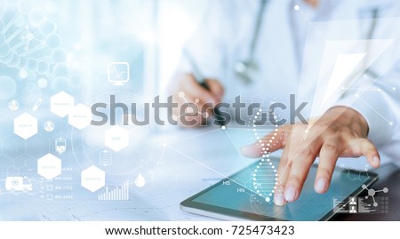 
Medicine doctor hand touching computer interface as medical network connection with modern virtual screen, medical technology network concept