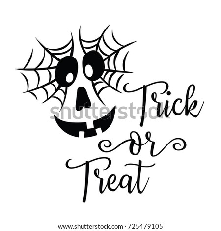 Halloween pumpkin face with spider web makeup and inscription Trick or Treat. Design element for Halloween.
