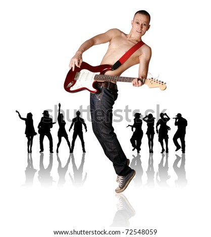punk man with the guitar and black people silhouette
