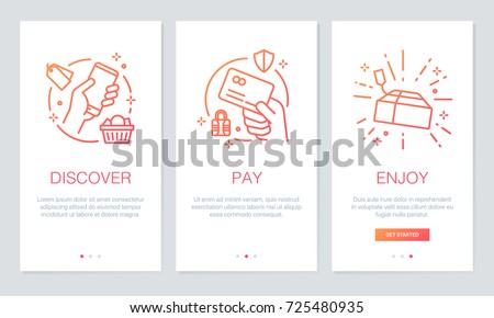 Shopping online concept onboarding app screens. Modern and simplified vector illustration walkthrough screens template for mobile apps. Royalty-Free Stock Photo #725480935