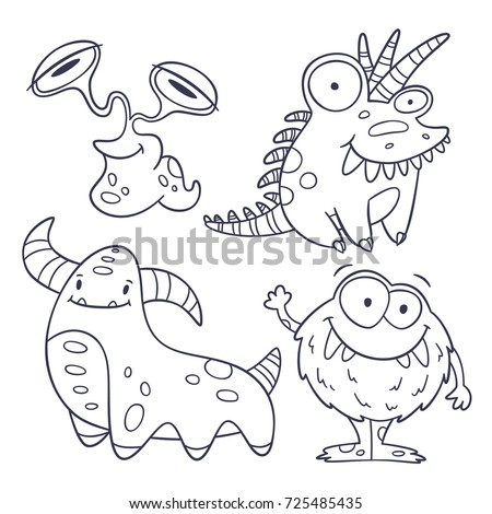 4 funny monster doodles (outlines). Slug with huge eyes, prickly lizard, horned caterpillar and furry ball. Line art. Vector illustration. Isolated on white background.