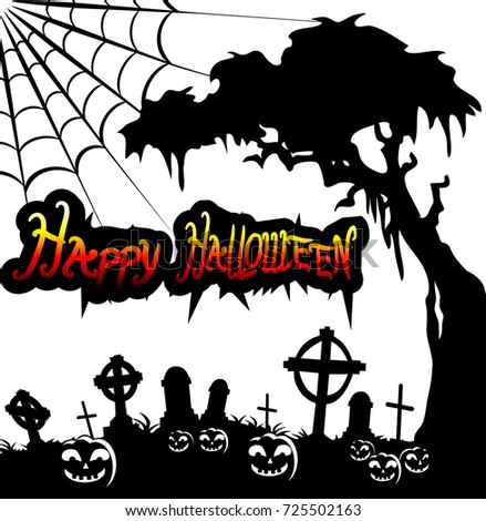 Happy Halloween! Tree, grave stone, spider web and many pumpkins.Vector illustration