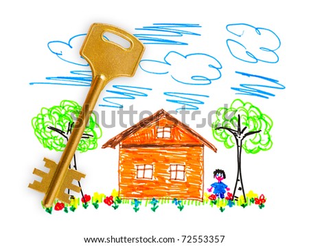 Drawing house and key isolated on white background