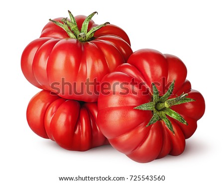 Three tomatoes next to each other isolated on white background Royalty-Free Stock Photo #725543560