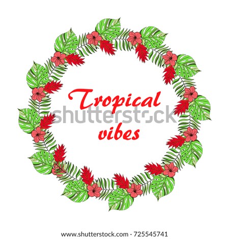 Floral paradise hand drawn tropic wreath. Vector illustration