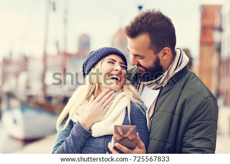 Picture showing happy young couple dating in the city
