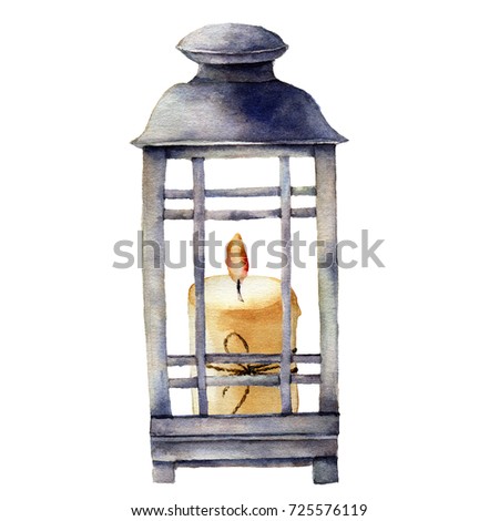 Watercolor Christmas lantern with candle. Hand painted holiday decor with bow isolated on white background. Christmas clip art for design or print