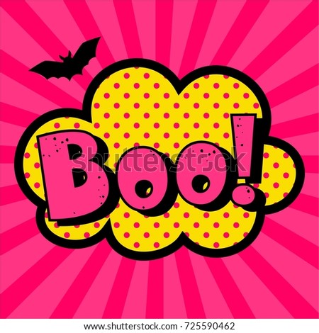 Halloween style pop art icon BOO, exploding over pink background. 